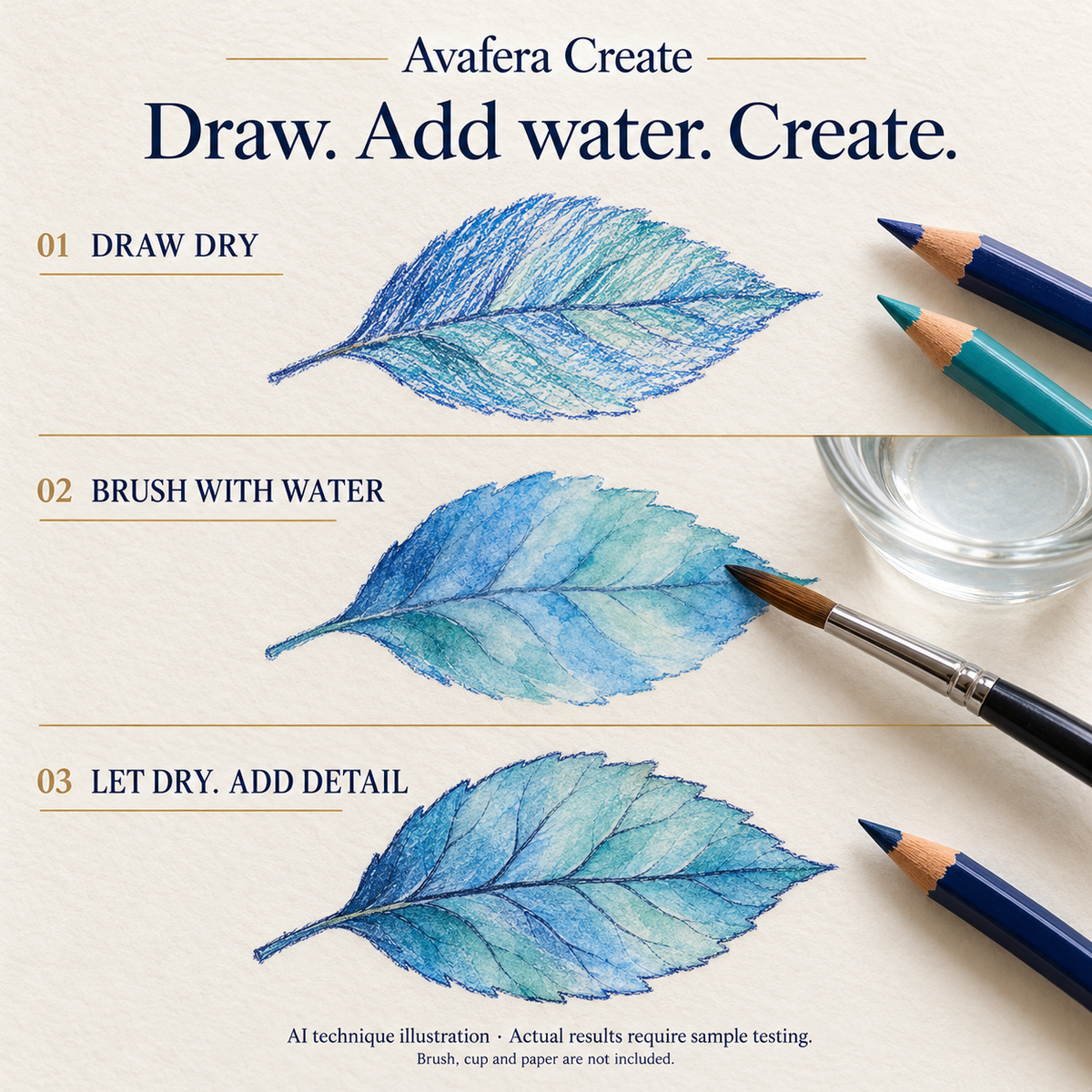 Draw dry, brush with water, let dry and add detail — AI watercolor technique illustration, not an actual product test. Brush, cup and paper not included.
