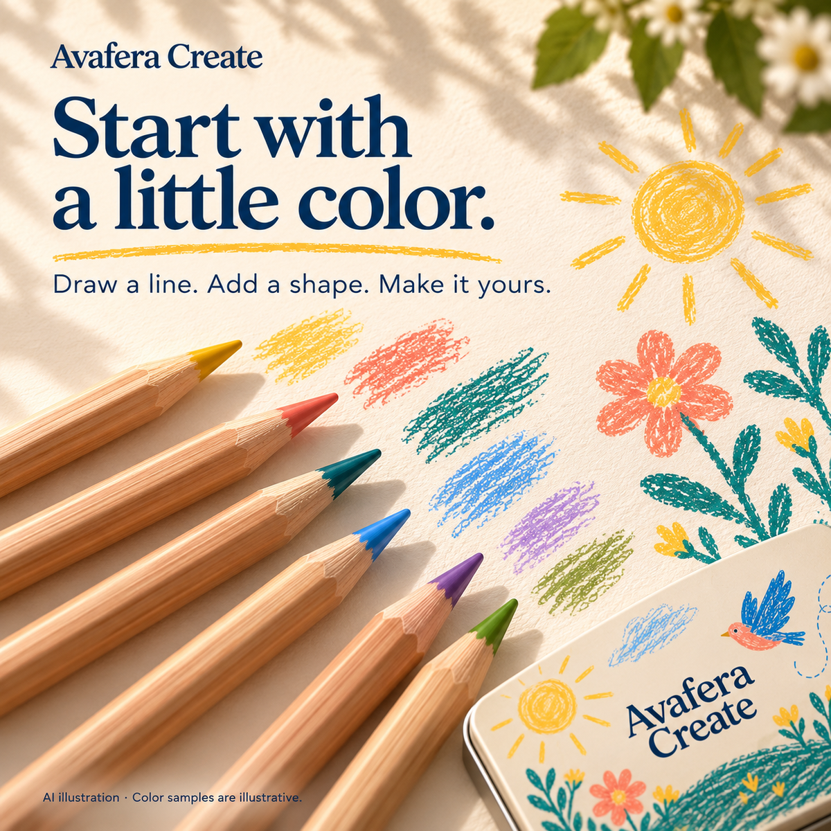 AI illustration of Avafera Create natural-wood colored pencils and decorative color marks. Color samples are illustrative.