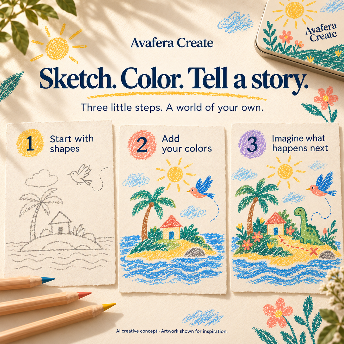 AI creative concept illustrating three drawing steps: start with shapes, add colors and imagine a story.