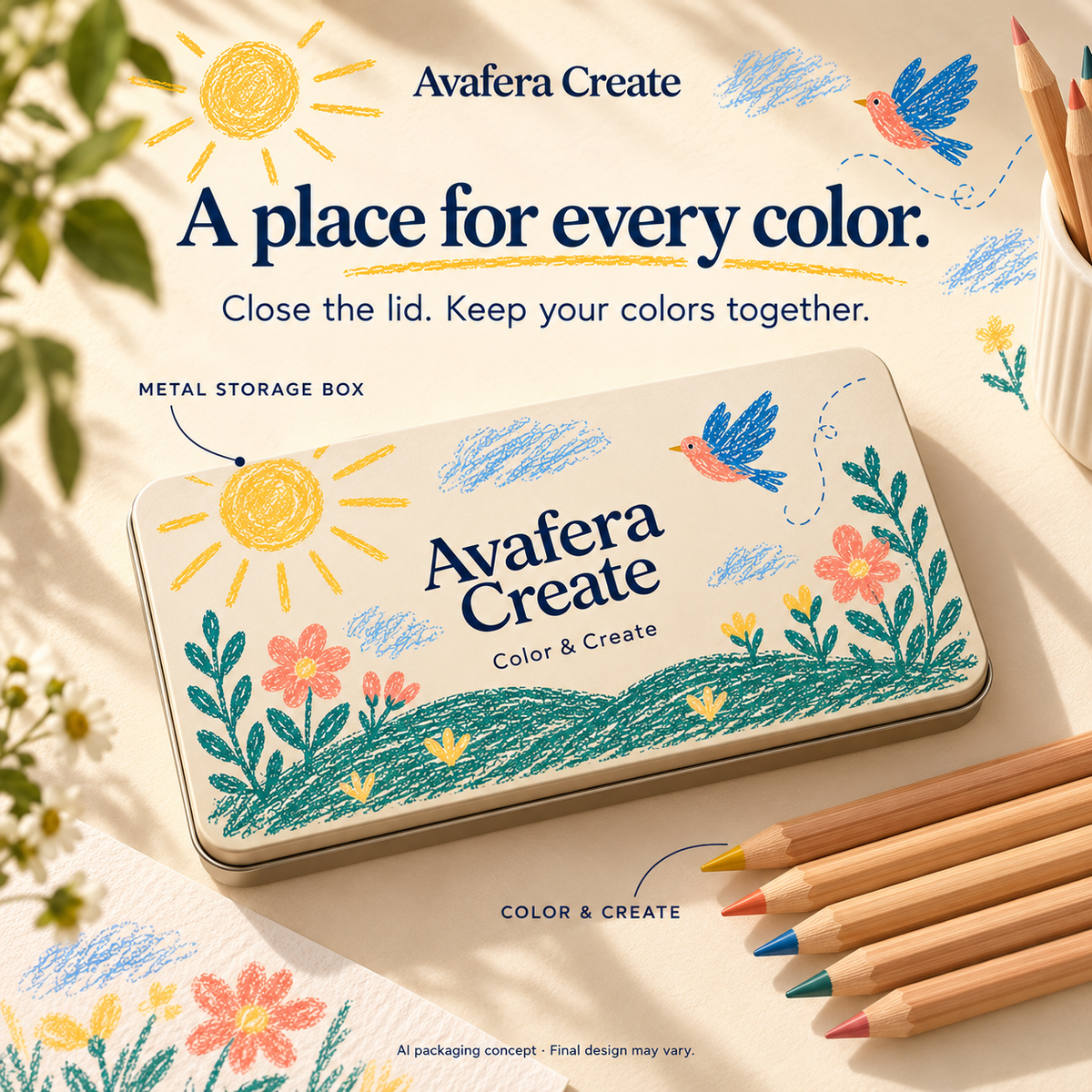 AI packaging concept of an Avafera Create metal pencil storage box. Final packaging design may vary.