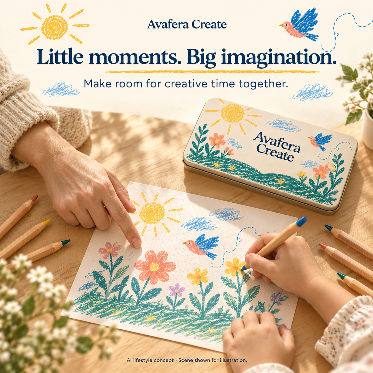 AI lifestyle concept of a parent and child drawing together with colored pencils. Illustrative scene, not a customer testimonial.