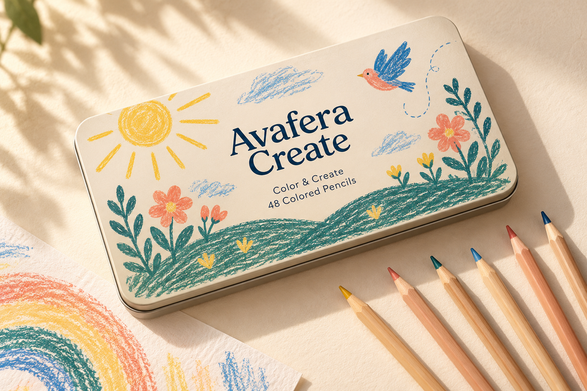 AI-generated packaging design concept for Avafera Create Color & Create 48 colored pencils. Final product not yet confirmed.