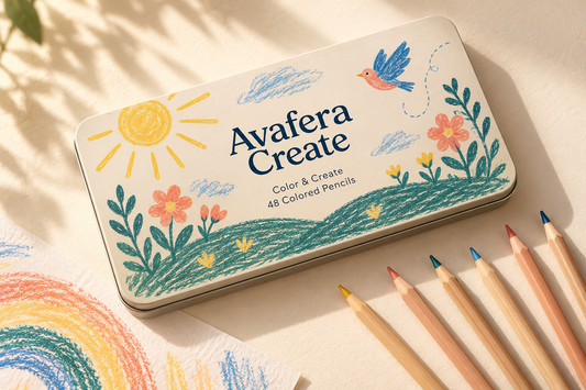 AI-generated packaging design concept for Avafera Create Color & Create 48 colored pencils. Final product not yet confirmed.