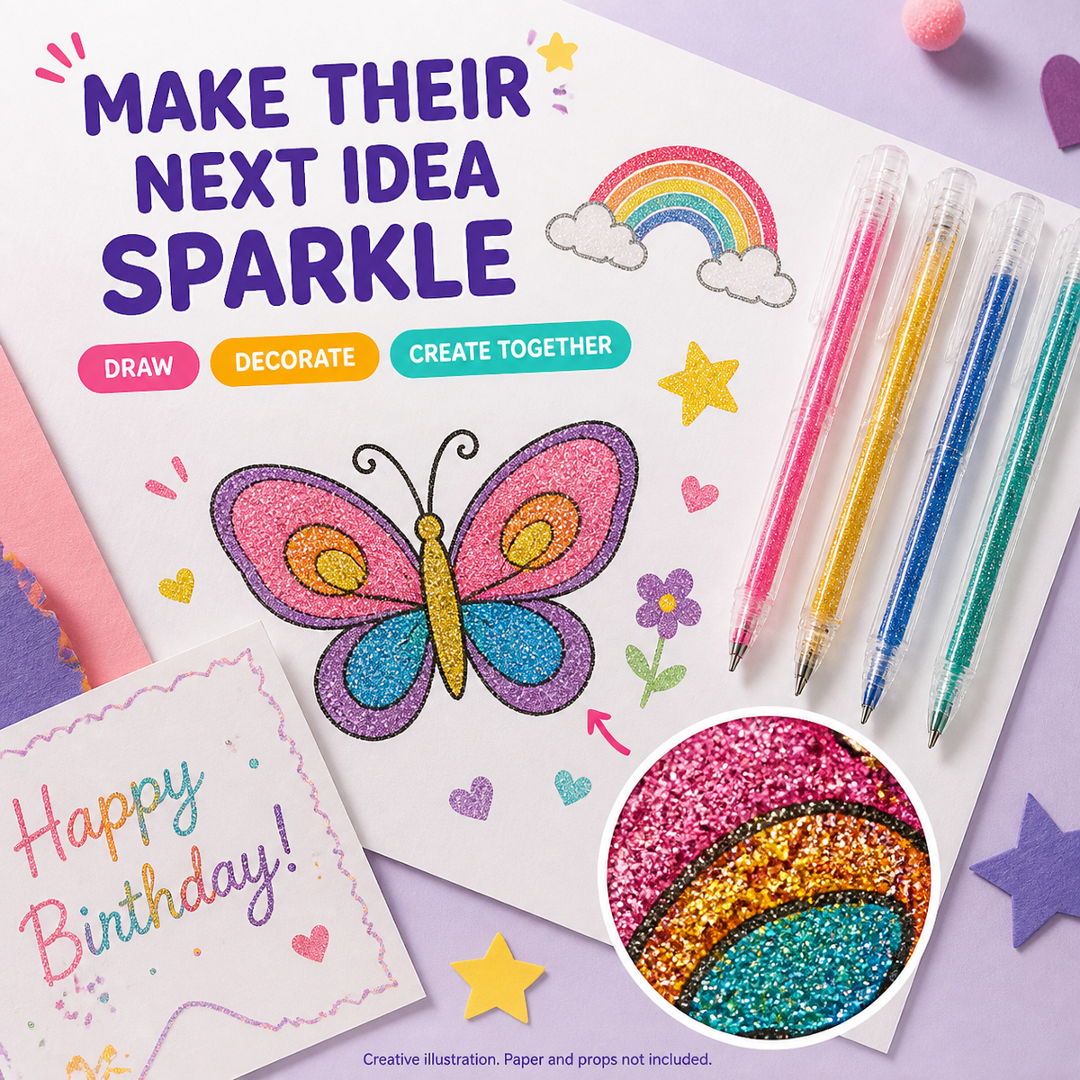 Illustrative glitter gel pen butterfly and handmade birthday cards