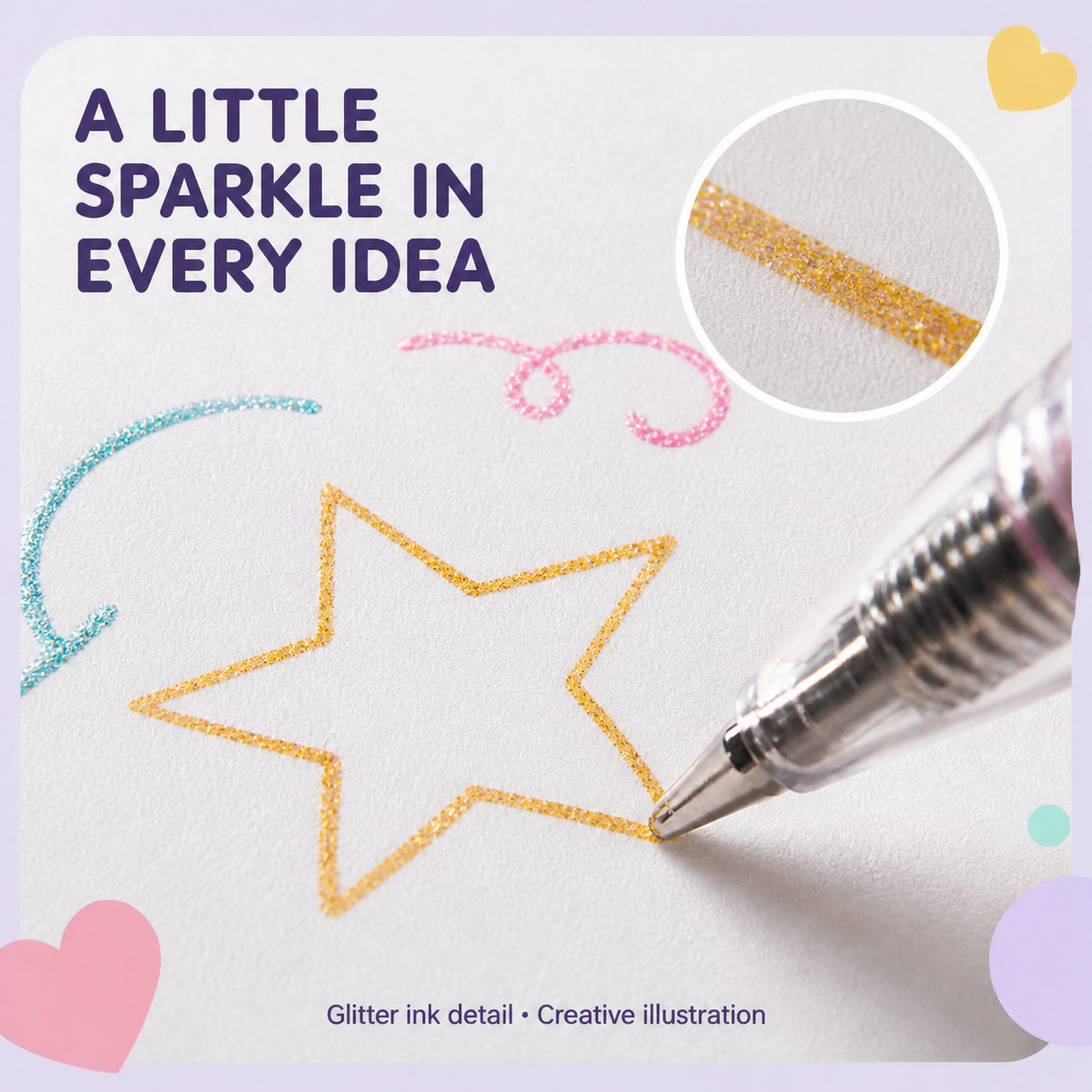 Illustrative close-up of fine glitter gel ink on white paper