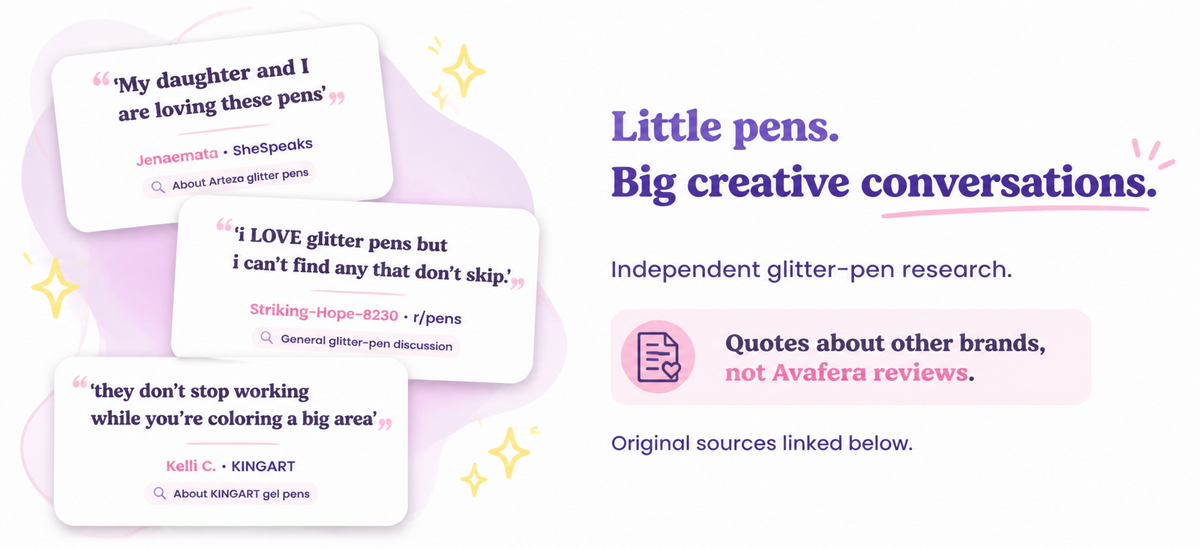 Collage of sourced glitter-pen category excerpts from SheSpeaks about Arteza, r/pens, and KINGART. These are not Avafera reviews. Source links and accessible text follow below.