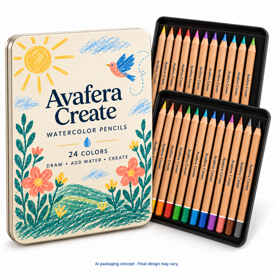 Avafera Create 24-color watercolor pencil set with illustrated tin and open trays — AI packaging concept; supplier confirmation pending