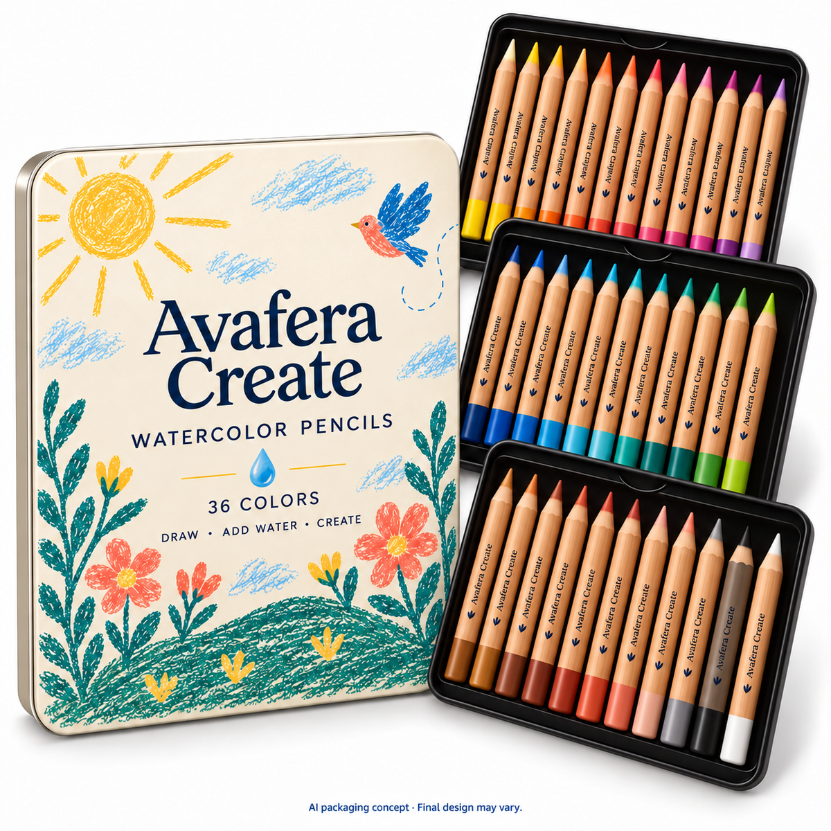 Avafera Create 36-color watercolor pencil set with illustrated tin and open trays — AI packaging concept; supplier confirmation pending