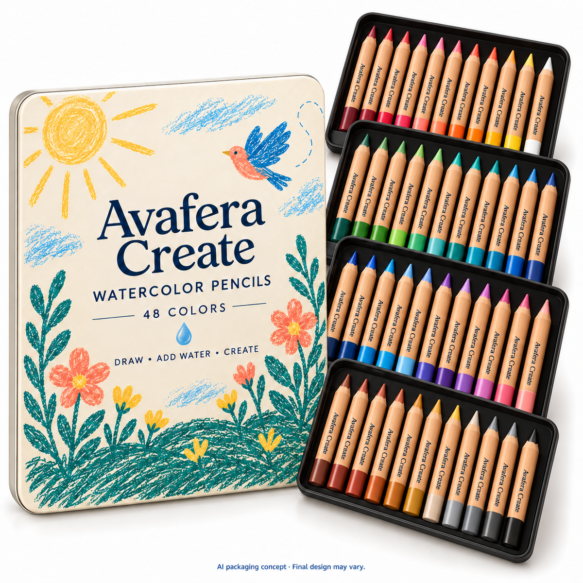 Avafera Create 48-color watercolor pencil set with illustrated tin and open trays — AI packaging concept; supplier confirmation pending