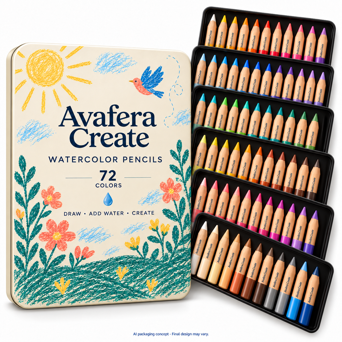 Avafera Create 72-color watercolor pencil set with illustrated tin and open trays — AI packaging concept; supplier confirmation pending